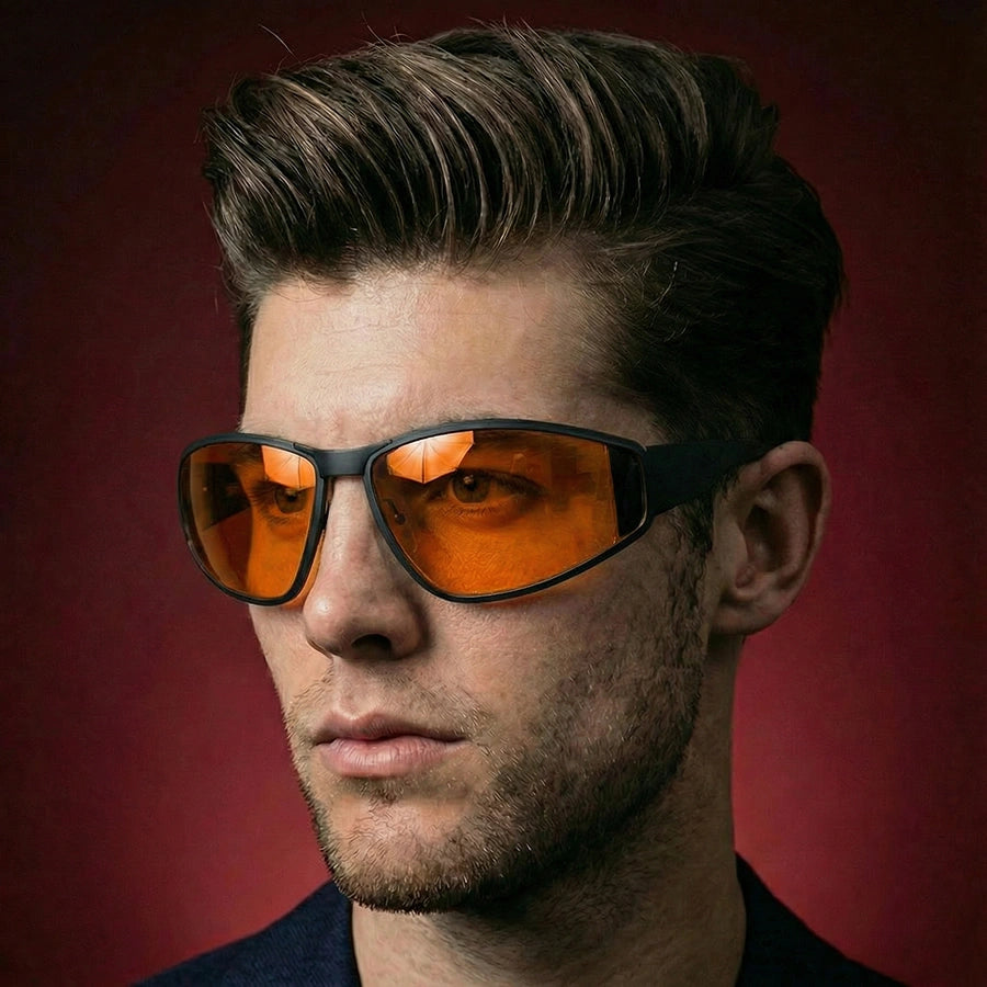 Man wearing orange-tinted theflyshades sunglasses against a red background