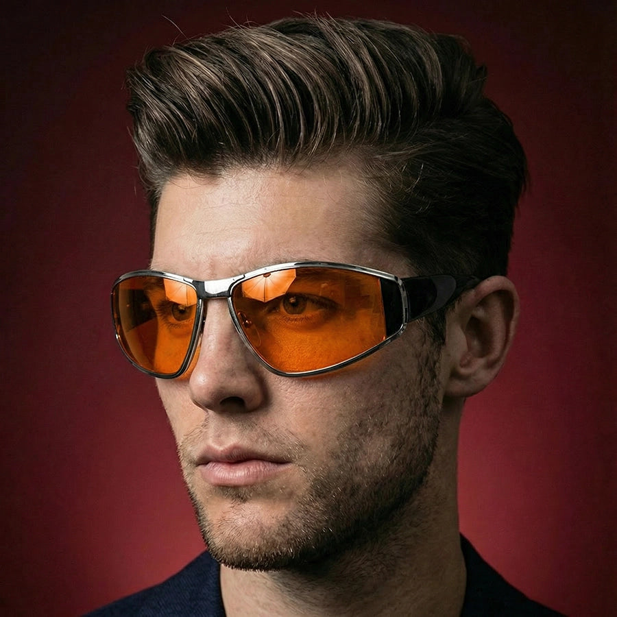 Man wearing orange-tinted theflyshades sunglasses against a red background
